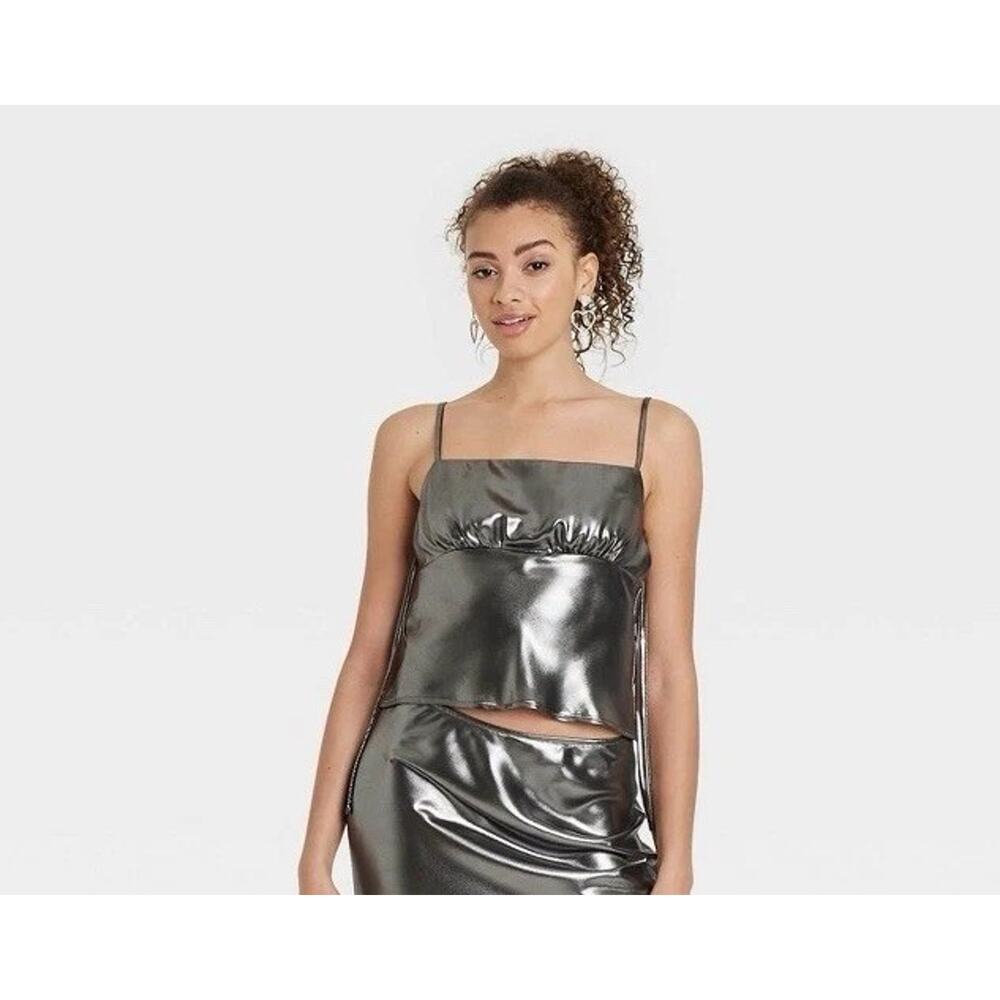 Wild Fable Women’s Silver Shine Crop Tank Top, Shimmery Sleeveless Satin Size XS
